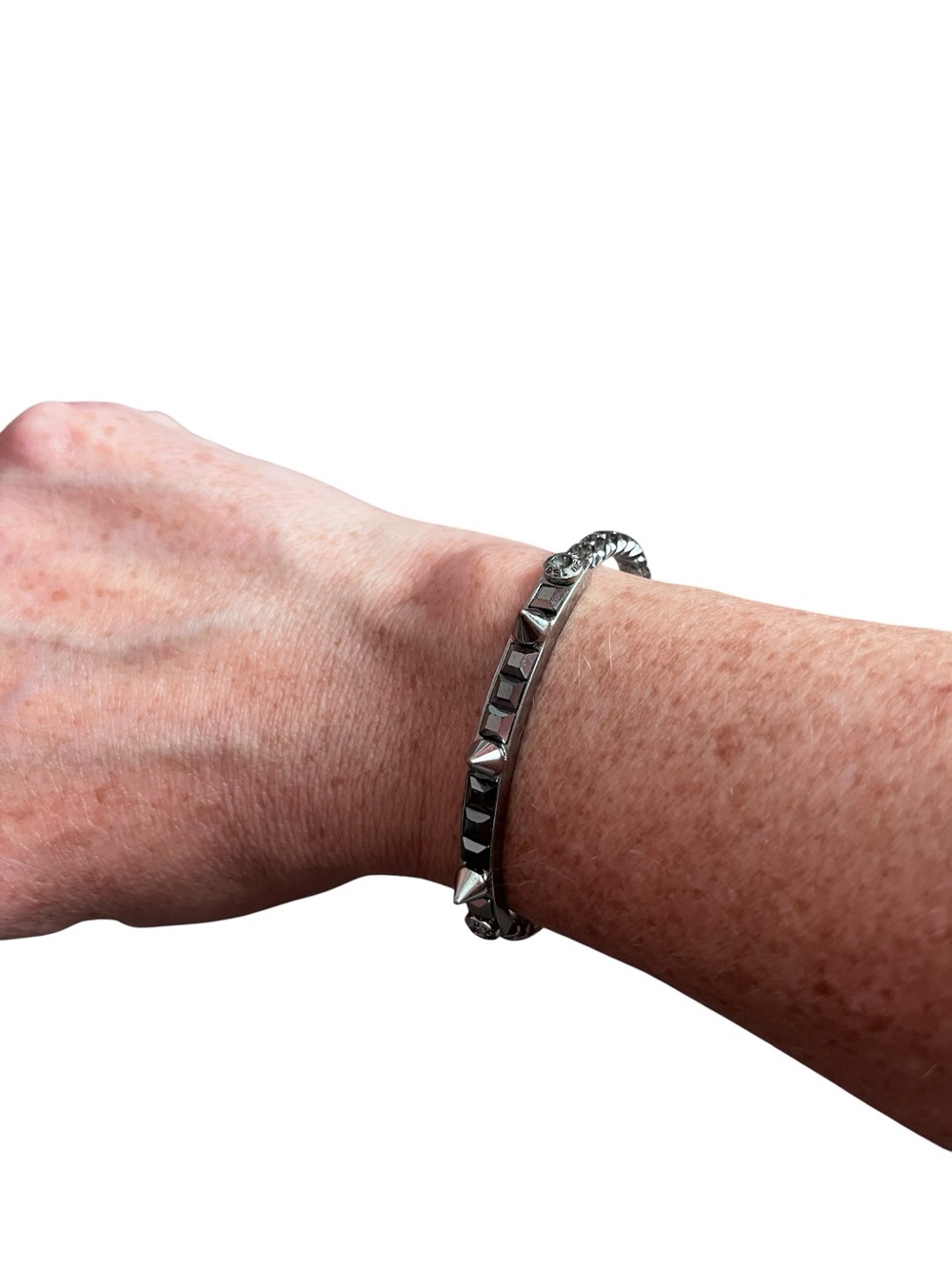 Henri Bendel New York Spiked Cuff Bracelet | Dark Silver-Tone Statement Bangle - Picture 2 of 6